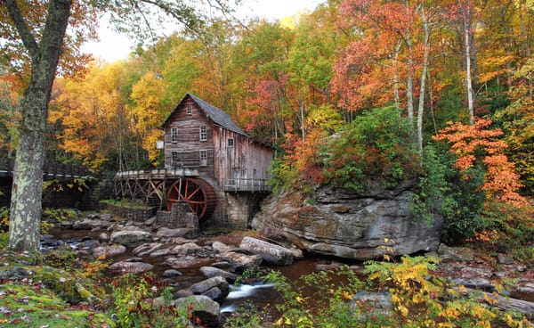 Обои осень, сша, babcock state park, кусты, ручей, водяная мельница