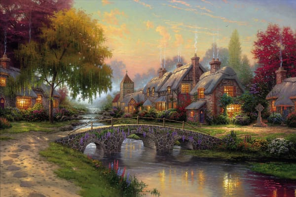 Обои thomas kinkade, summer, bridge, art, painting, picture, cottage, Cobblestone bridge