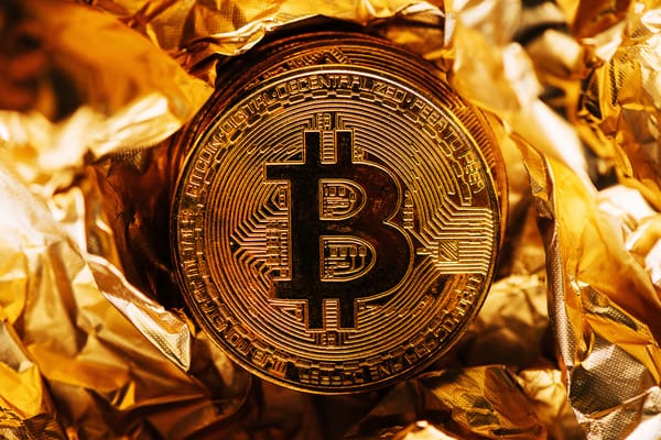 Обои Золотая монета биткоин на фольге